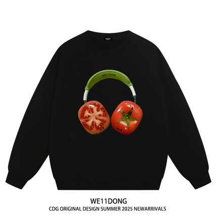 WE11DONE CDG小众潮牌WELLDONE番茄耳机印花男女宽松加绒圆领卫衣