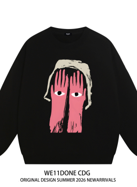 WE11DONE CDG小众潮牌Justinbieber同款卡通印花宽松加绒圆领卫衣