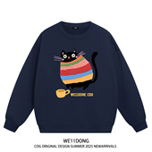 WE11DONE CDG美式 潮牌WELLDONE趣味猫咪印花男女宽松加绒圆领卫衣