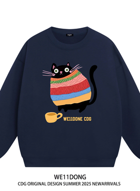 WE11DONE CDG美式潮牌WELLDONE趣味猫咪印花男女宽松加绒圆领卫衣