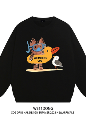 WE11DONE CDG美式潮牌WELLDONE卡通印花男女重磅宽松加绒圆领卫衣