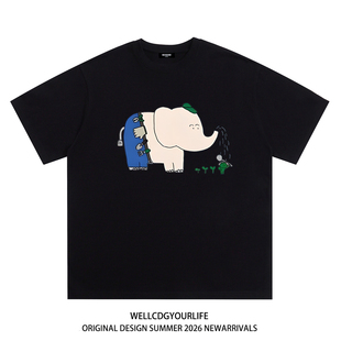 潮牌WELLDONE大象印花男女重磅宽松纯棉短袖 t恤 CDG美式 WE11DONE