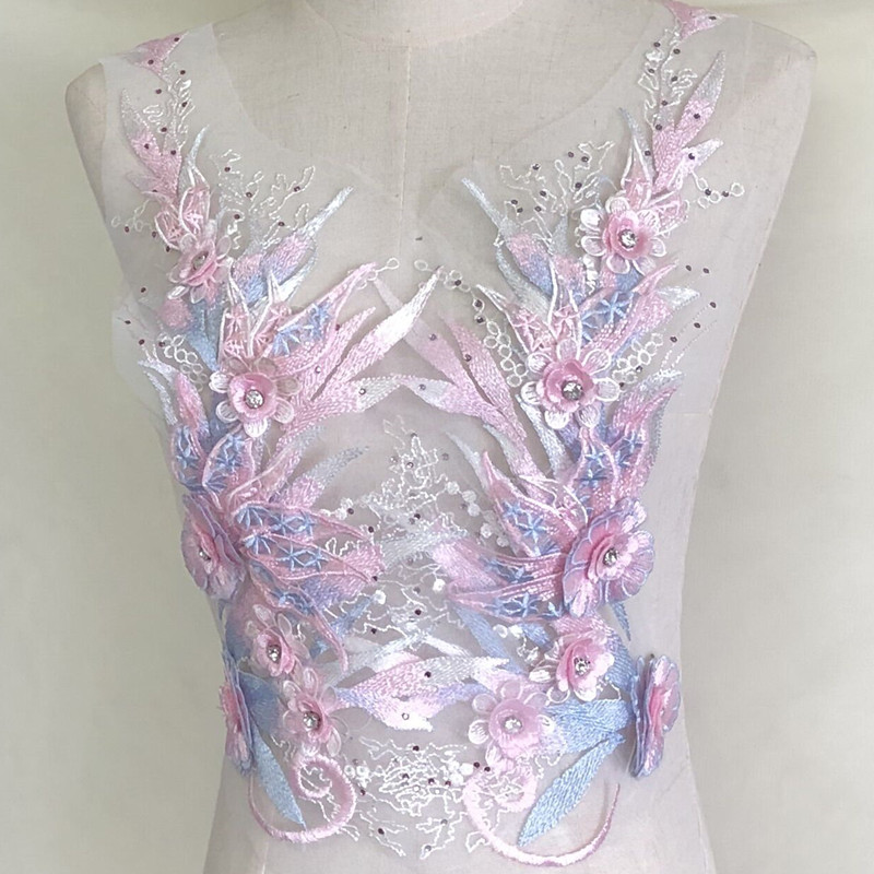 粉蓝大布贴钉珠钻花朵刺绣辅料