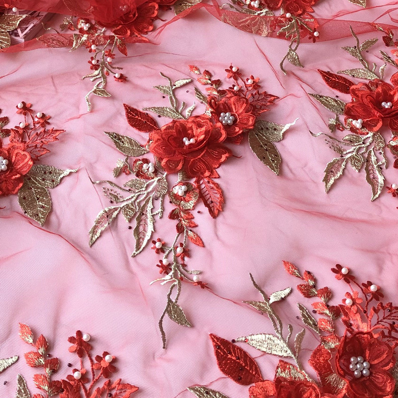 大红金线立体花朵刺绣布贴辅料