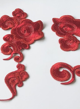 SASKIA红色刺绣花朵片祥云布贴洞图案汉衣服装饰辅料补丁手工diy