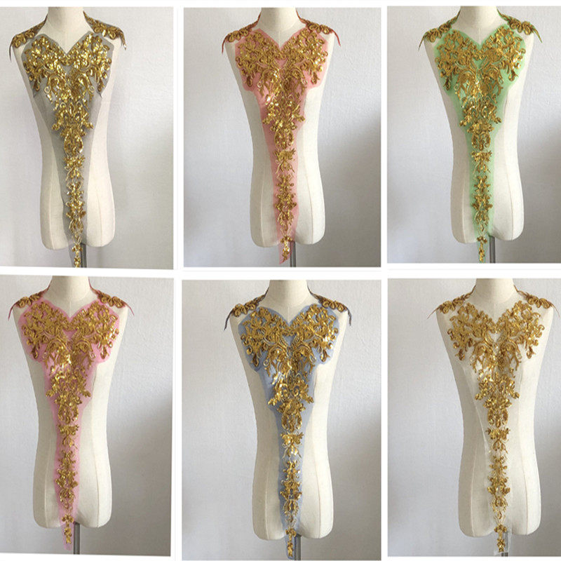 SASKIA金色亮片花朵网纱刺绣布贴补丁一套舞蹈裙衣服装饰辅料DIY