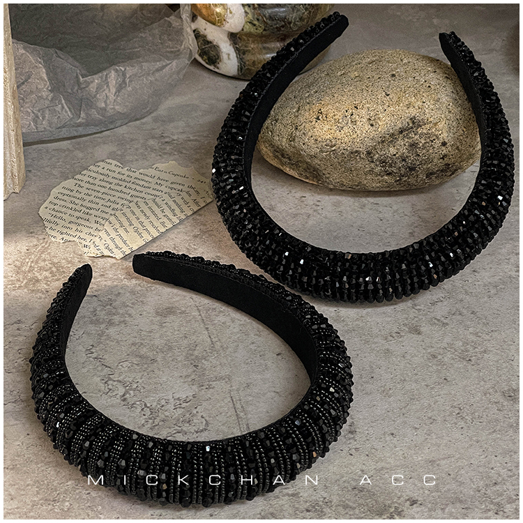 欧美风轻奢黑色水晶高颅顶发箍优雅串珠重工头箍压发卡发窟发捆女