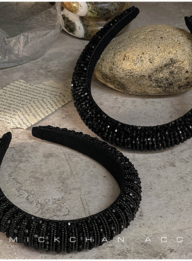 欧美风轻奢黑色水晶高颅顶发箍优雅串珠重工头箍压发卡发窟发捆女