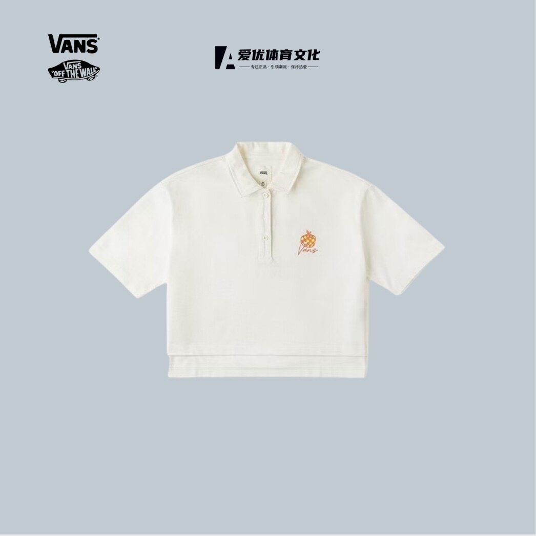 Vans范斯超短热辣套头logo印花街头学院风短袖Polo衫女款 米白色