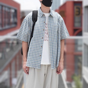 BSON布森美式复古潮流刺绣logo彩格男女衬衫