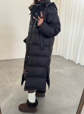 通勤耐穿加厚过膝开叉羽绒服女加长款2025冬季黑色白鸭绒外套宽松