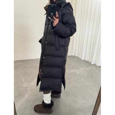 通勤耐穿加厚过膝开叉羽绒服女加长款2025冬季黑色白鸭绒外套宽松