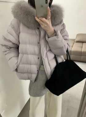 真狐狸毛领连帽排骨感泡芙羽绒服女短款2025冬季新款90白鸭绒外套