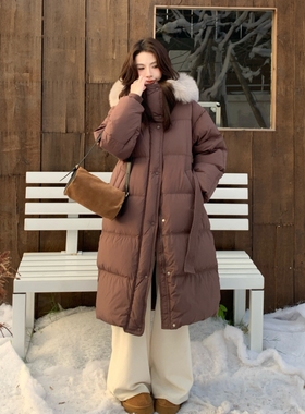 冬日氛围感狐狸毛大毛领羽绒服女中长款2025新款90白鸭绒外套加厚