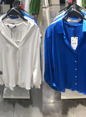 新品丝缎质感长袖翻领垂性宽松经典款衬衫女KAKI02310226446