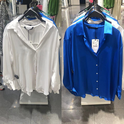 新品丝缎质感长袖翻领垂性宽松经典款衬衫女KAKI02310226446
