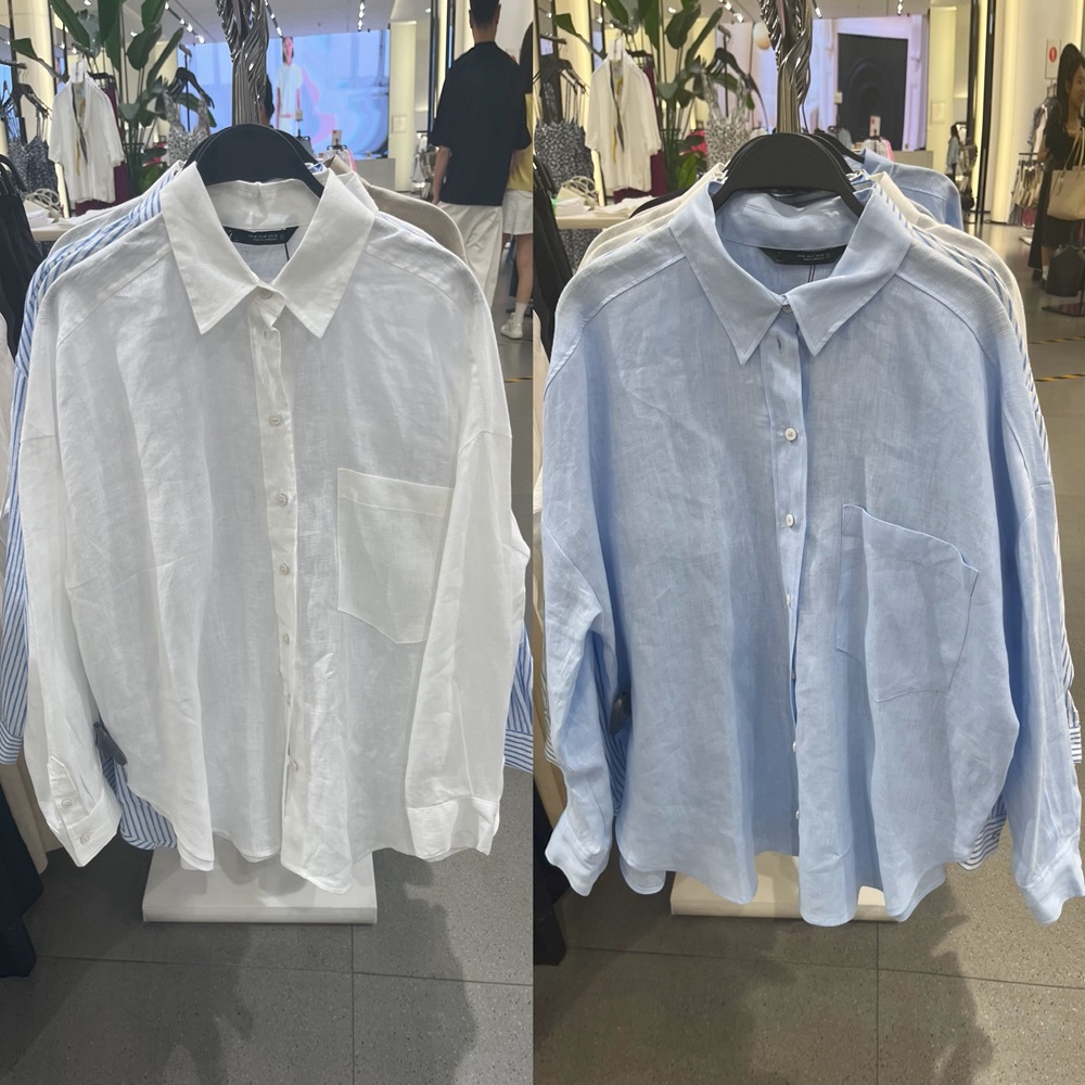 新品春秋宽松简约长袖翻领口袋蓝白纯色亚麻衬衫衬衣女装2307707