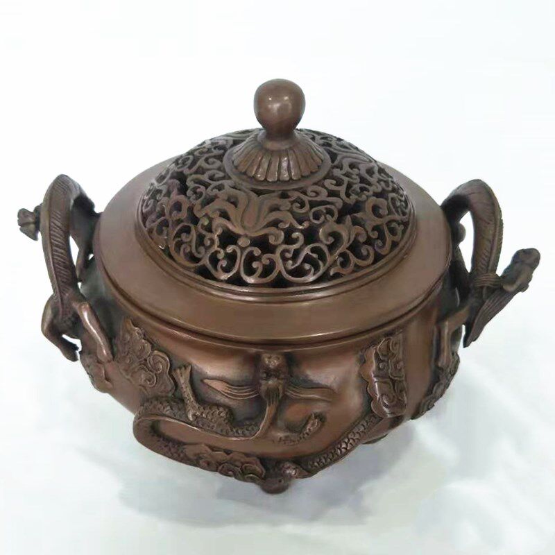 古铜都铜工艺品铜熏香炉铜炉装饰品香道用品文房紫铜直纹螭钮熏炉