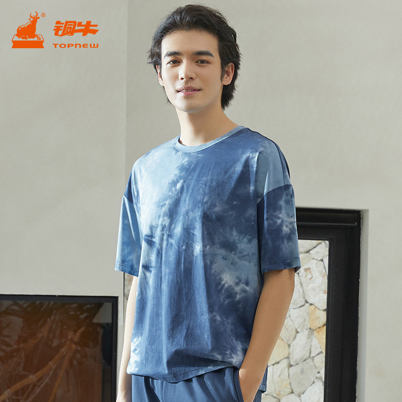 COPPER COW COTTON BLEND TIE-DYE FABRIC ROUND NECK MENS HOME TOP SUMMER BLESS SERIES SHORT SLEEVE SHIRT NS094