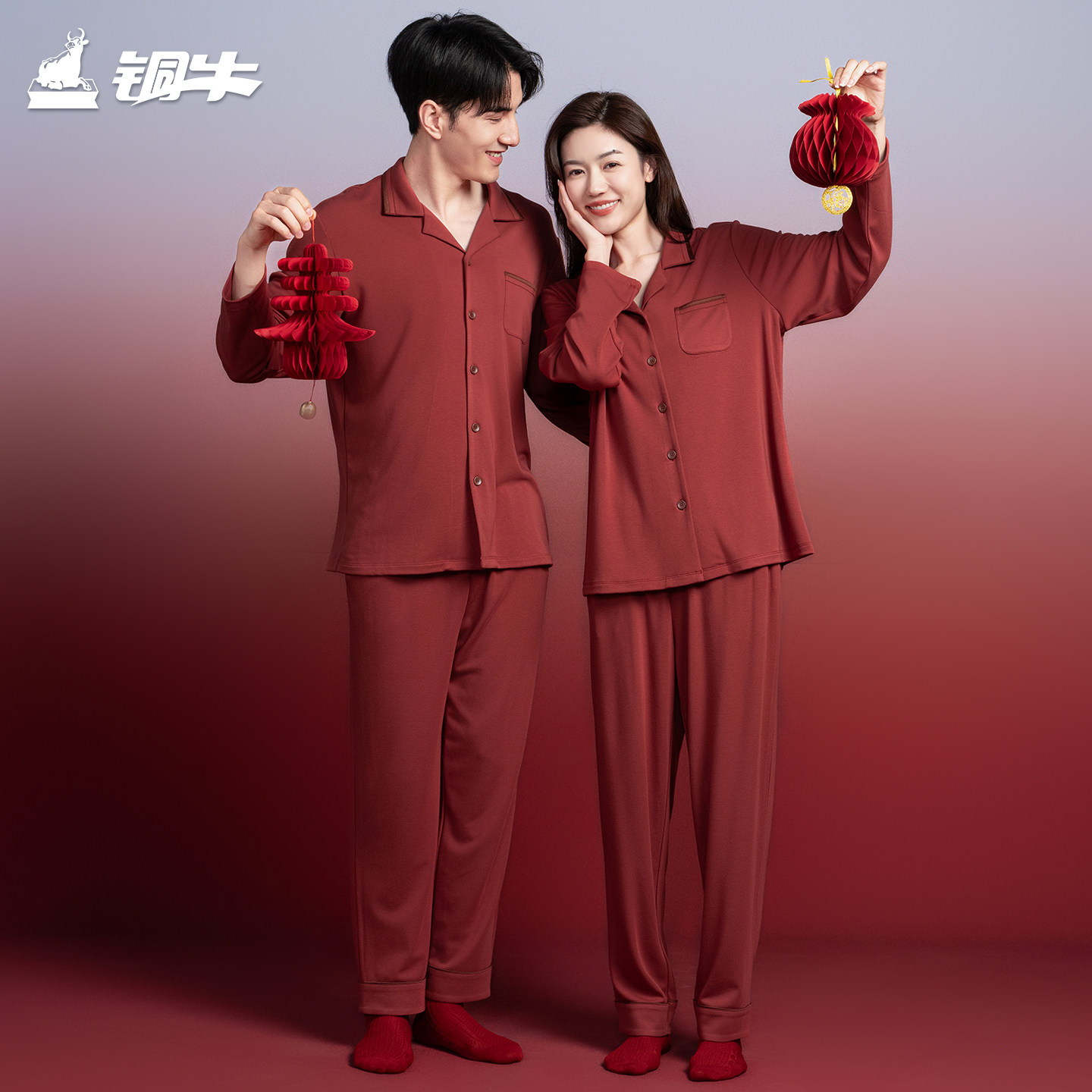 铜牛家居牛奶蛋白热绒家居男女套 2025秋冬新款本命年红睡衣CJ009