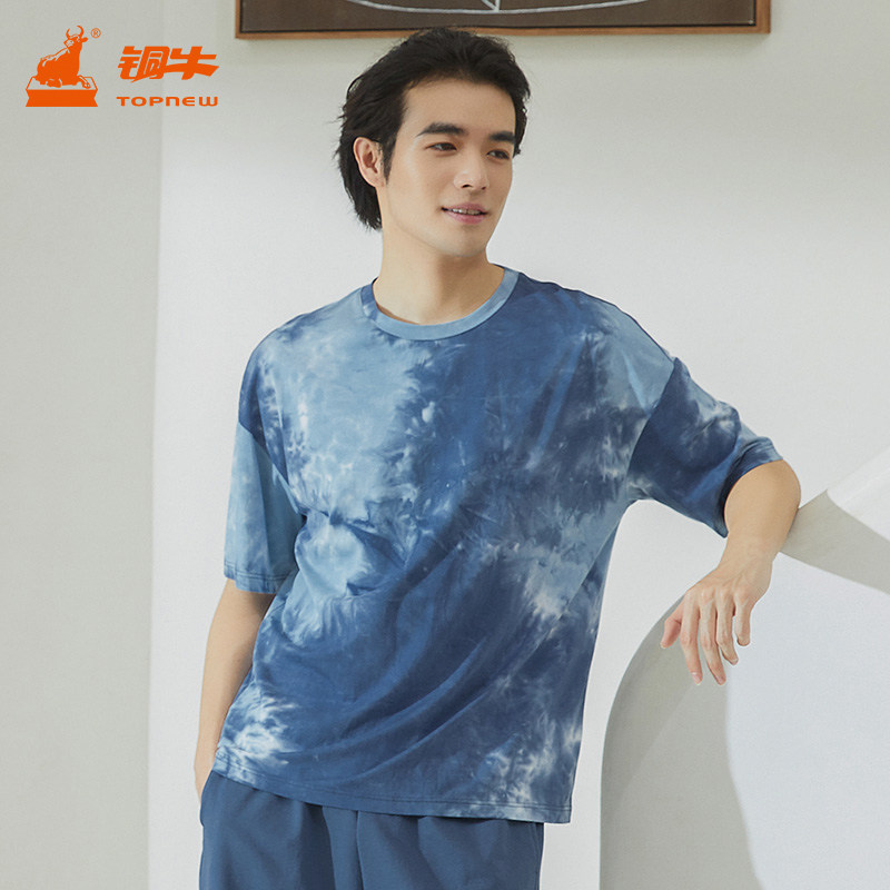 COPPER COW COTTON BLEND TIE-DYE FABRIC ROUND NECK MENS HOME TOP SUMMER BLESS SERIES SHORT SLEEVE SHIRT NS094