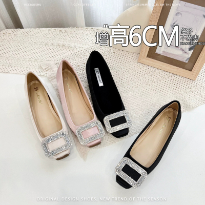 羊皮版~法式水钻方扣内增高6CM加绒单鞋女百搭一脚蹬缎面玛丽珍鞋