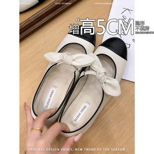 法式内增高5CM圆头拼色浅口单鞋女小香风甜美蝴蝶结平底芭蕾舞鞋