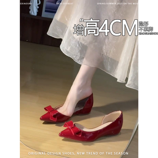 羊皮版法式内增高仙女风侧空浅口单鞋2026新款一脚蹬蝴蝶结平底鞋