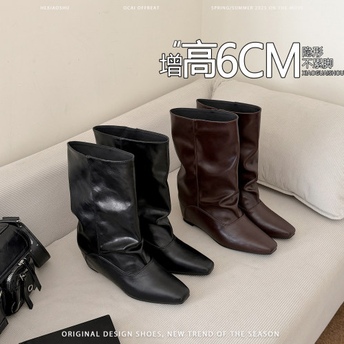 羊皮版内增高复古方头褶皱堆堆靴女套筒中筒裤管靴气质百搭瘦瘦靴