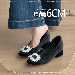 内增高7CM黑色水钻方扣绒面粗跟玛丽珍鞋 女一脚蹬百搭不累脚单鞋