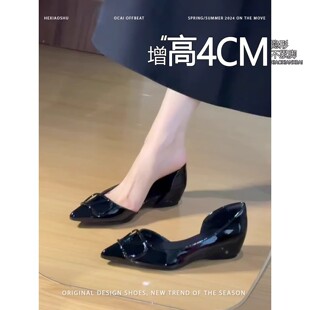 羊皮版~法式内增高尖头侧空浅口单鞋女2026新款舒适一脚蹬平底鞋