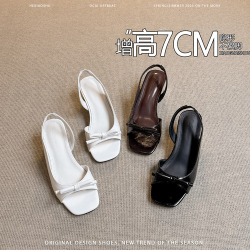 羊皮版~增高7CM法式蝴蝶结后绊带露趾凉鞋女不累脚时尚百搭高跟鞋