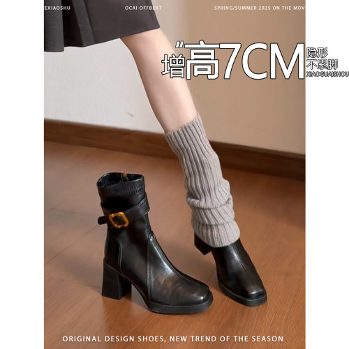 羊皮版~韩版增高7CM粗跟马丁靴女秋冬新款百搭小个子金属扣瘦瘦靴