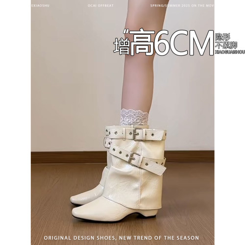 韩版超火辣妹风尖头裤管靴女皮带扣坡跟骑士靴百搭显瘦中筒时装靴