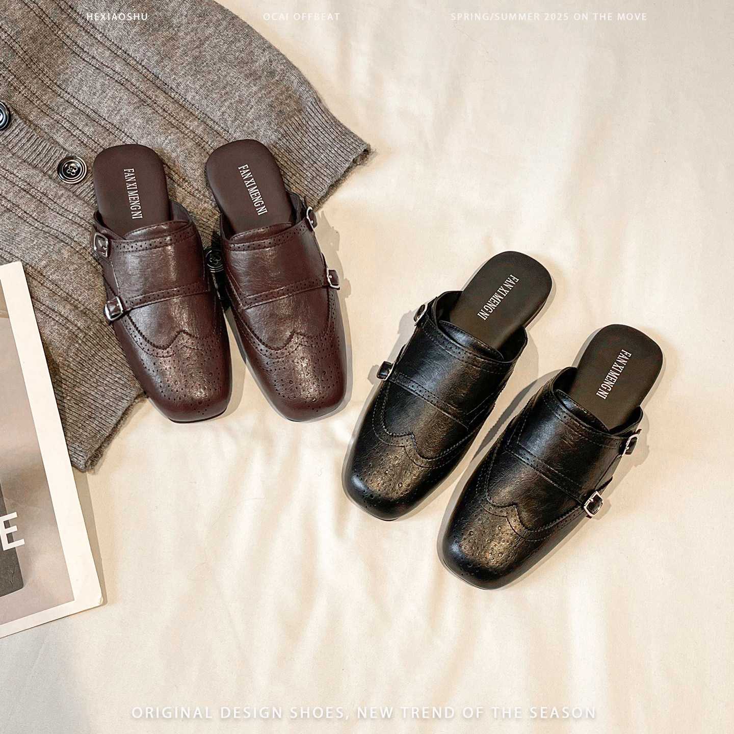 复古风双扣带方头穆勒鞋女布洛克雕花平底包头半拖鞋一脚蹬乐福鞋,女鞋,穆勒鞋,淘宝优惠券,粉丝福利购,淘宝优惠卷