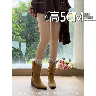 复古废土风褶皱推推靴粗跟西部牛仔靴女2025年新款时尚厚底骑士靴