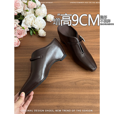 羊皮版~内增高9CM复古风包头半拖鞋女一脚蹬穆勒鞋老钱风浅口单鞋