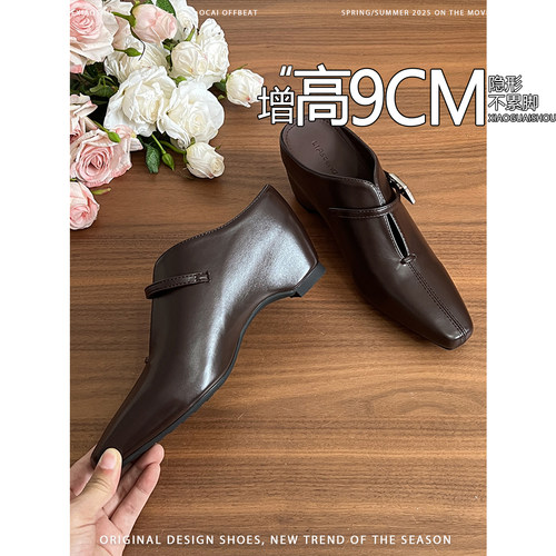 羊皮版~内增高9CM复古风包头半拖鞋女一脚蹬穆勒鞋老钱风浅口单鞋