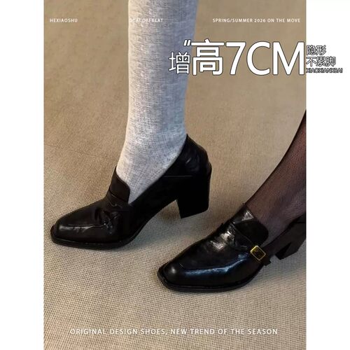 羊皮版~英伦风皮带扣粗跟乐福鞋女一脚蹬通勤复古单鞋黑色小皮鞋