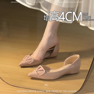 法式尖头V扣内增高侧空浅口平底鞋女2026新款一脚蹬气质百搭单鞋