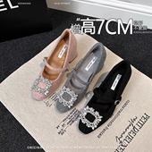 增高7CM方头水钻呢子玛丽珍鞋 女2025冬季 新款 羊皮版 加绒保暖单鞋