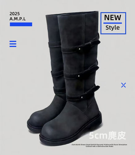 2025新款韩版皮带扣粗跟高筒靴不过膝骑士靴厚底增高长筒堆堆靴女