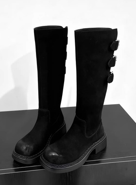 AMPL~5cm增高黑色麂皮真皮骑士靴女粗跟厚底加绒长靴不过膝马丁靴