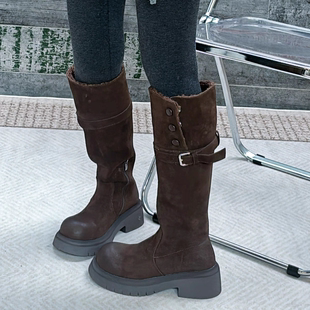 增高6cm~韩版皮带扣麂皮长筒靴女冬季厚底加绒骑士靴百搭马丁靴子