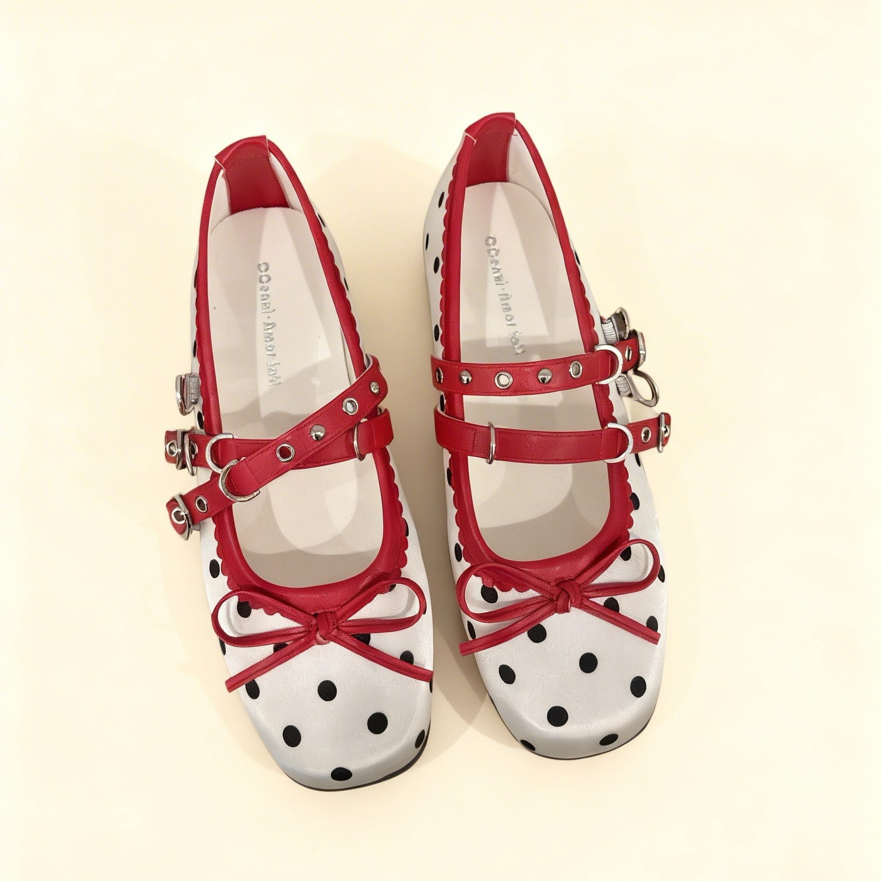 26春款韩版甜美风蝴蝶结波点玛丽珍鞋女双皮带扣平底软底芭蕾舞鞋