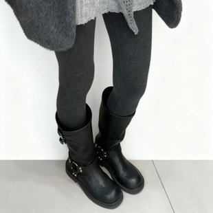 AMPL~5cm内增高胖妹妹粗腿中筒靴高跟马丁靴女加绒粗跟骑士靴长靴