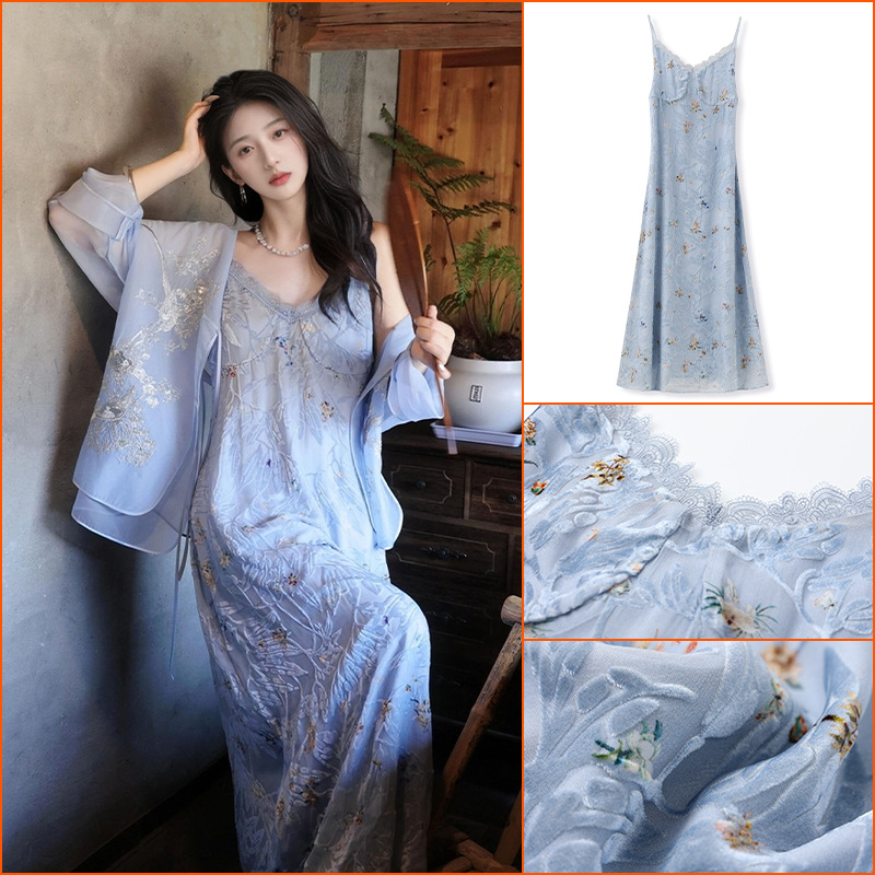 2025夏季 国风轻奢印花绝美复古桑蚕丝名媛风衬衫高级裙套装M6089