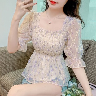 法式甜美不露背雪纺衫女夏季收腰显瘦洋气小衫漂亮小众短袖上衣
