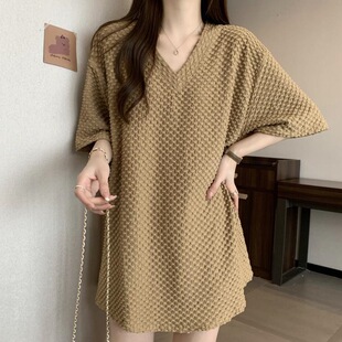时尚慵懒风遮肉短袖T恤女胖mm2-300斤大码休闲宽松V领百搭上衣潮