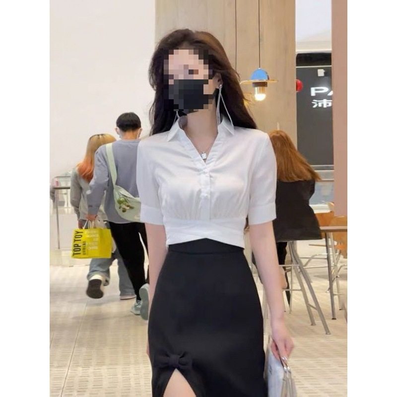 纯欲上衣短袖高腰白衬衫女甜辣小众设计感短款衬衣收腰显瘦小衫夏